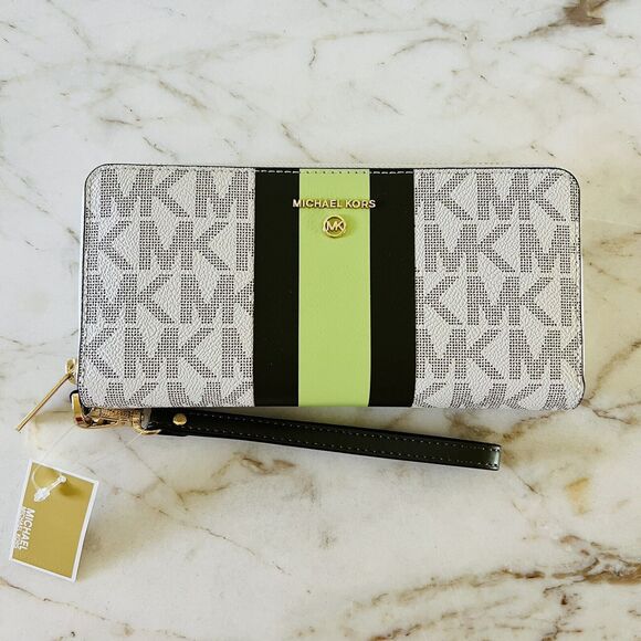 MICHAEL KORS Center Stripe Merlot Multi Travel Continental Zip Wallet Wristlet - Picture 1 of 9